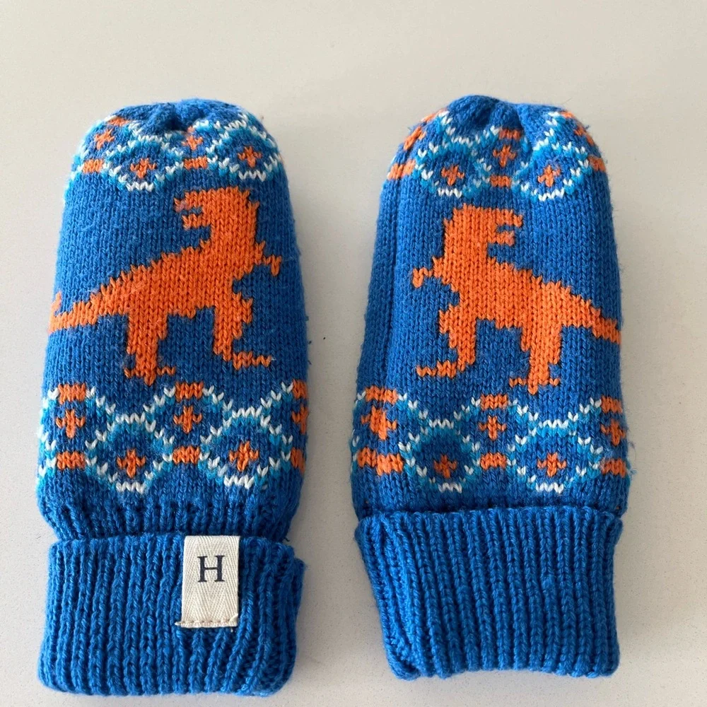 ❄️ Hatley Kids Knit Blue & Orange Dinosaur Gloves/Mittens,